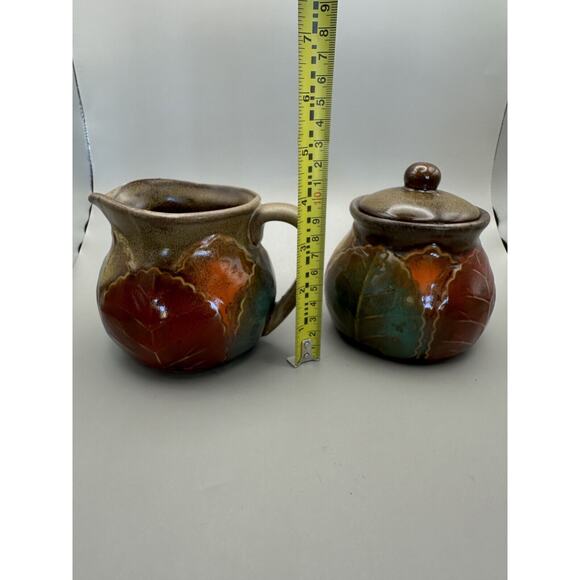 Vintage Ceramic Fall Leaf Pattern Cream Sugar Salt Pepper Unmarked - Picture 6 of 7